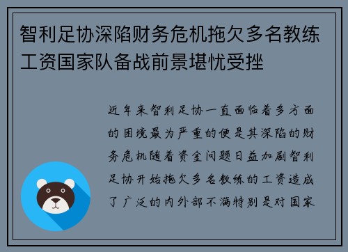 智利足协深陷财务危机拖欠多名教练工资国家队备战前景堪忧受挫
