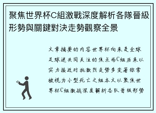 聚焦世界杯C組激戰深度解析各隊晉級形勢與關鍵對決走勢觀察全景